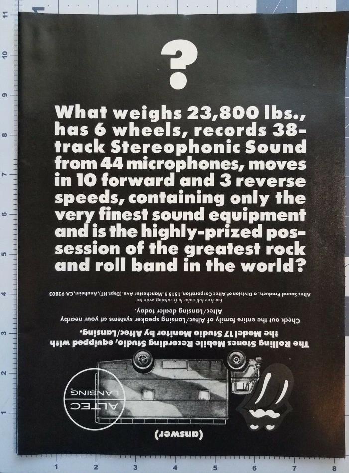 1976 Altec Lansing Stereo Speaker Equipment Rolling Stones Vintage Print Ad