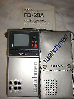 SONY WATCHMAN FD-20A FLAT BLACK & WHITE TV WITH CASE & MANUAL