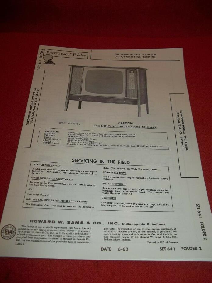 1963 Coronado Models TV2-9650A/52A/54B/56B (CH 23S29/U) Sam's photofact sheet.