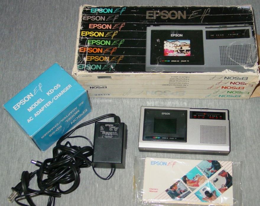 Vintage Epson Elf ET10 Pocket Portable Color TV Radio VHF UHF Manual Box