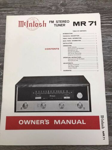 Vintage Mcintosh Mr71 Tuner Owners Manual
