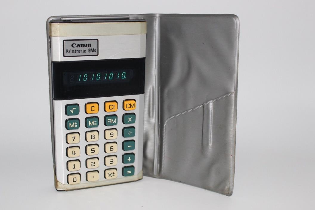 CANON PALMTRONIC 8Ms Calculator LED Pocket Calculator 1970s W/Case TESTED Works