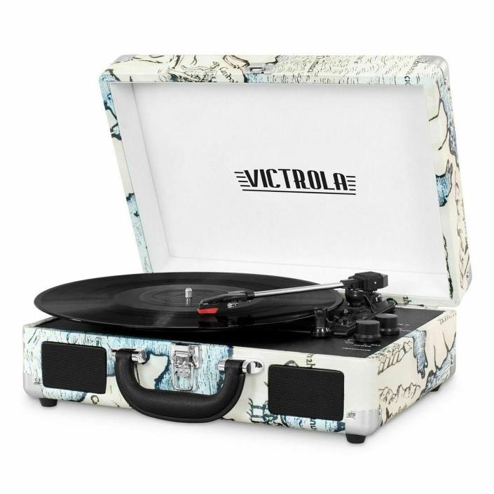 Victrola Bluetooth Suitcase Turntable Record Player Map Beige 3 Speed Aux  B19