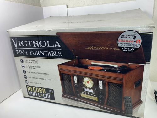 Victrola Record Player 7-in-1 Bluetooth AUX USB Recording CD Cassette AM/FM NEW
