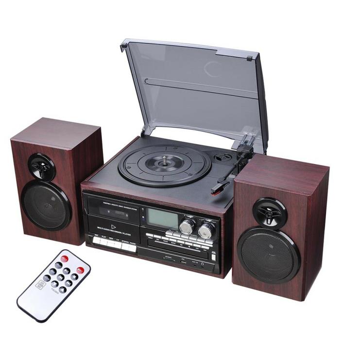Bluetooth Stereo Record Player System with Speakers Turntable AM/FM CD Cassette