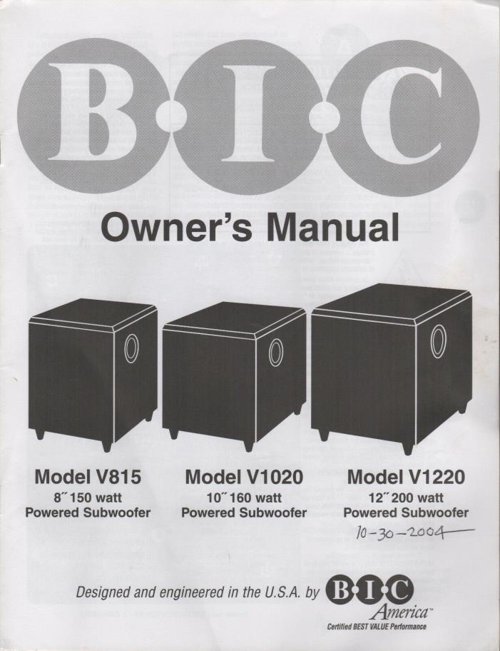 LH029 BIC Owner's Manual for Powered Subwoofers B-I-C America