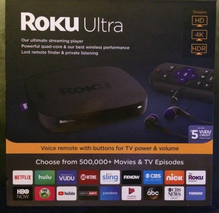 Roku Ultra HD 4K HDR Streaming Media Player Device with JBL Ear Buds 4661RW -NEW