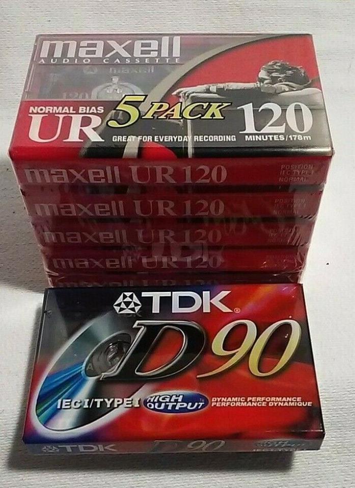 5 pack Maxell UR 120 Min + 1 TDK D90 Blank Audio Cassette Tapes BRAND NEW!!