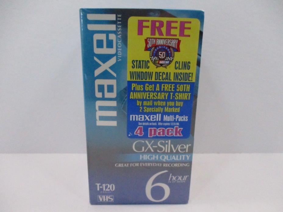 4 PACK Maxell VHS Video Cassette GX Silver T-120 6 Hour Tape Nascar Window Cling
