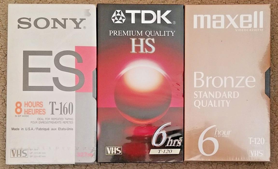 SEALED Blank VHS Tapes: SONY ES T-160, TDK HS T-120, Maxell T-120 - Set of 3 NEW