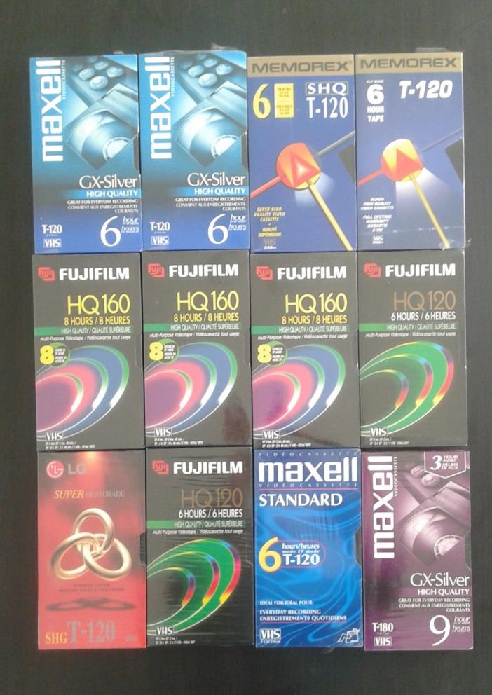 Lot of 12 New SEALED Blank VHS TAPES MAXELL FUJI LG MEMOREX
