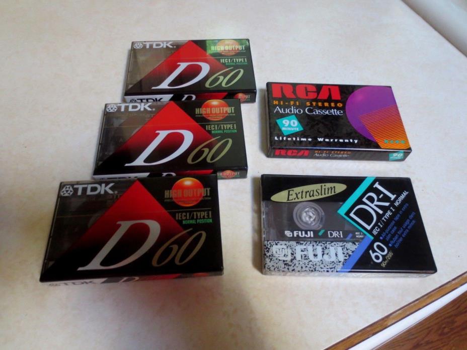 FIVE NEW BLANK AUDIO CASSETTE TAPES--3 TDK HIGH OUTPUT;1 FUJI; 1 RCA--ALL SEALED