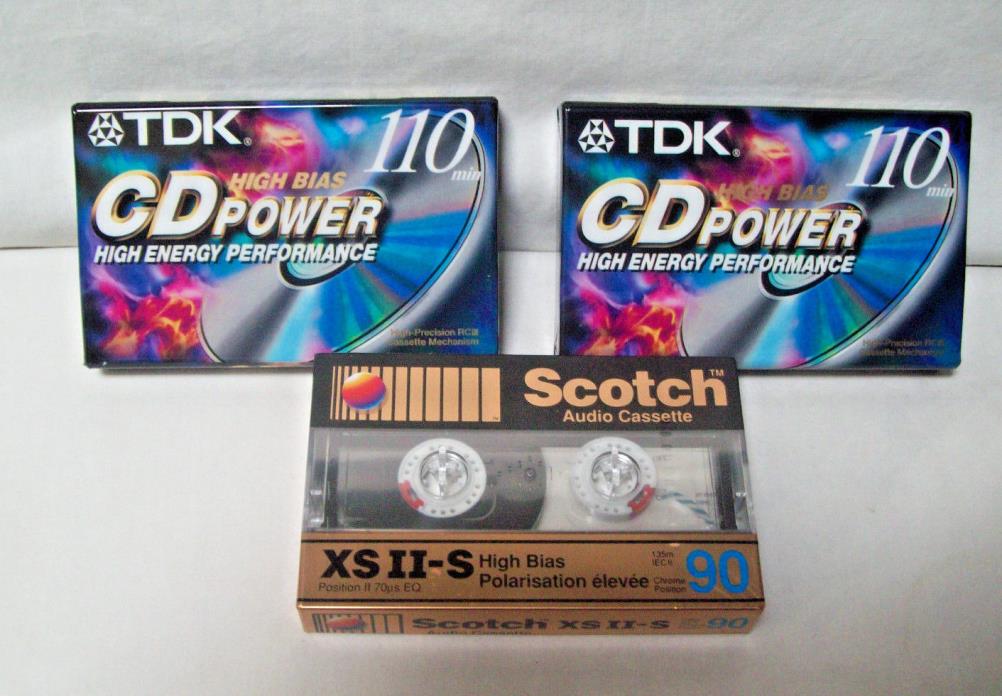2 TDK CD POWER 110  High Bias Blank Type II Audio Cassettes & 1 SCOTCH XS-II-S