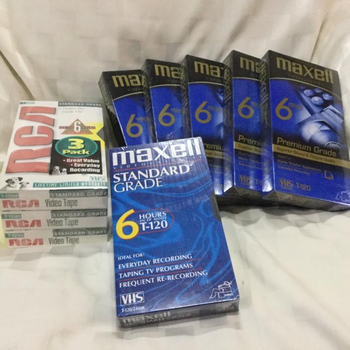 Lot of 9 Blank VHS Video Tapes NEW SEALED Maxell RCA, B3