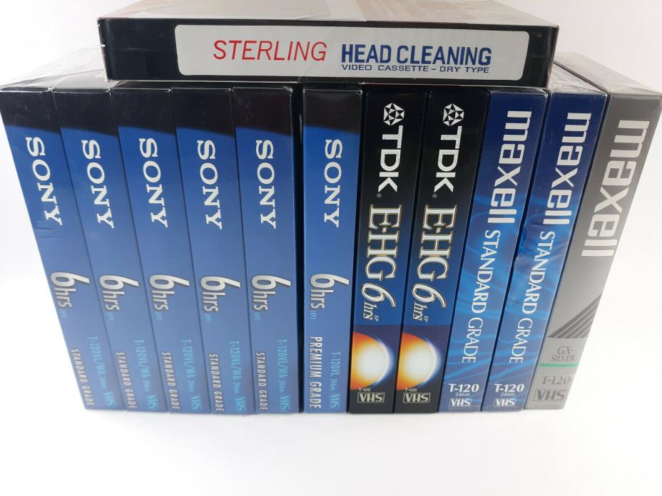 Lot of 11 VHS Blank Tapes Maxwell Sony TDK Sealed New + Cleaner Tape