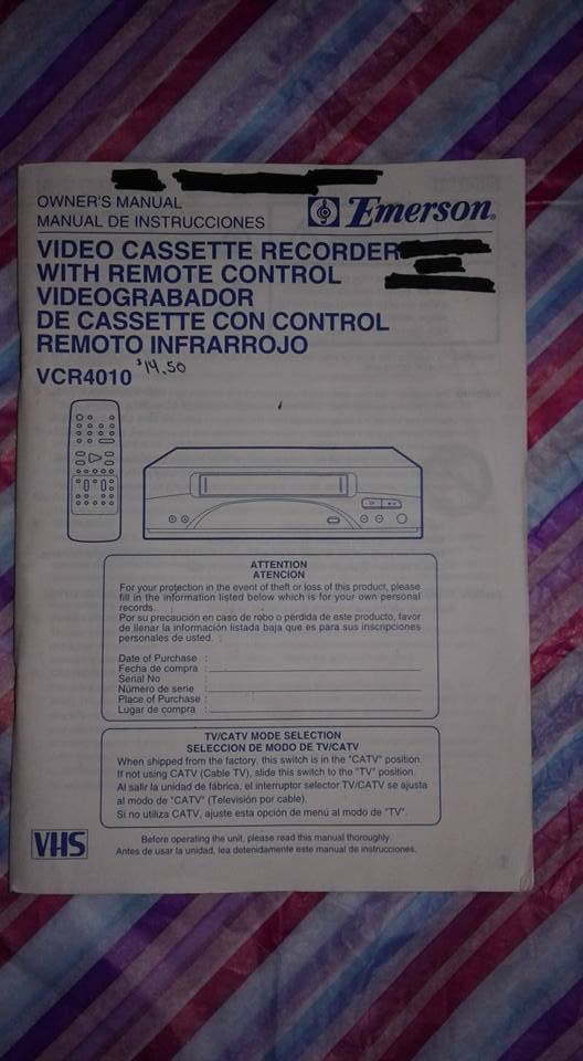 Emerson VHS Model VCR4010 User Manual ONLY!!!!!