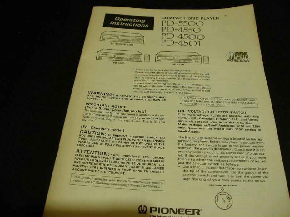 PIONEER CD Player PD-5500|PD-4550|PD-4500|PD-4501  Operating Instructions Manual
