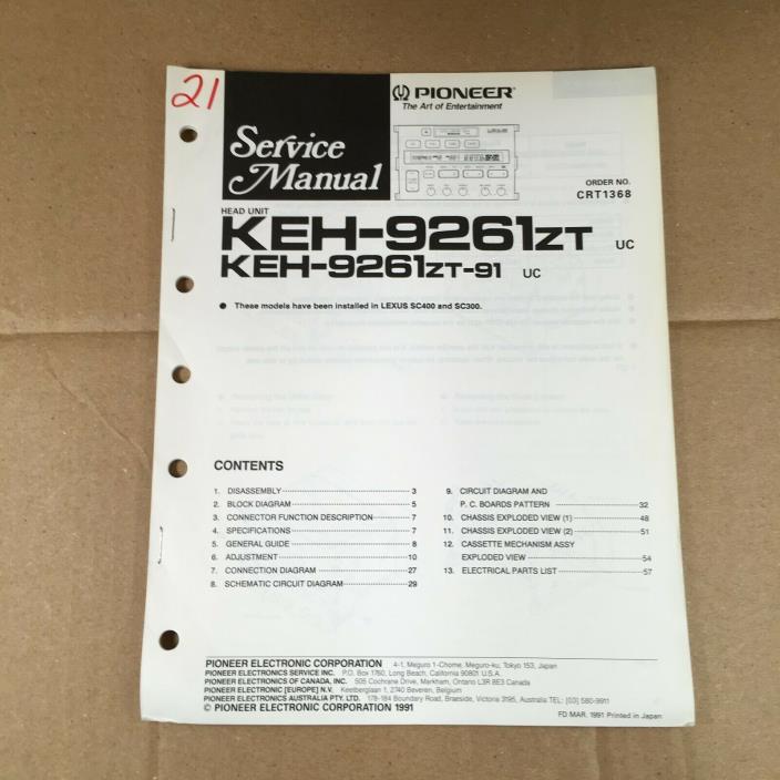 Pioneer Service Manual CRT1368 KEH-9261ZT (installed in Lexus SC400 and SC300)