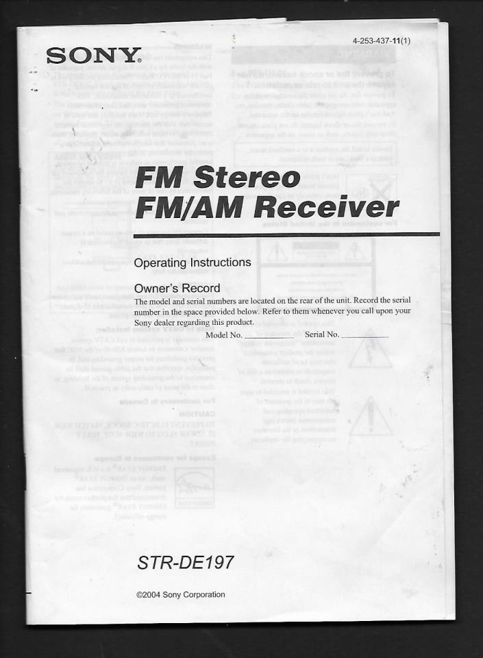 SONY FM/AM Stereo RECEIVER Amplifier STR-DE197 User MANUAL/Operating Instruction