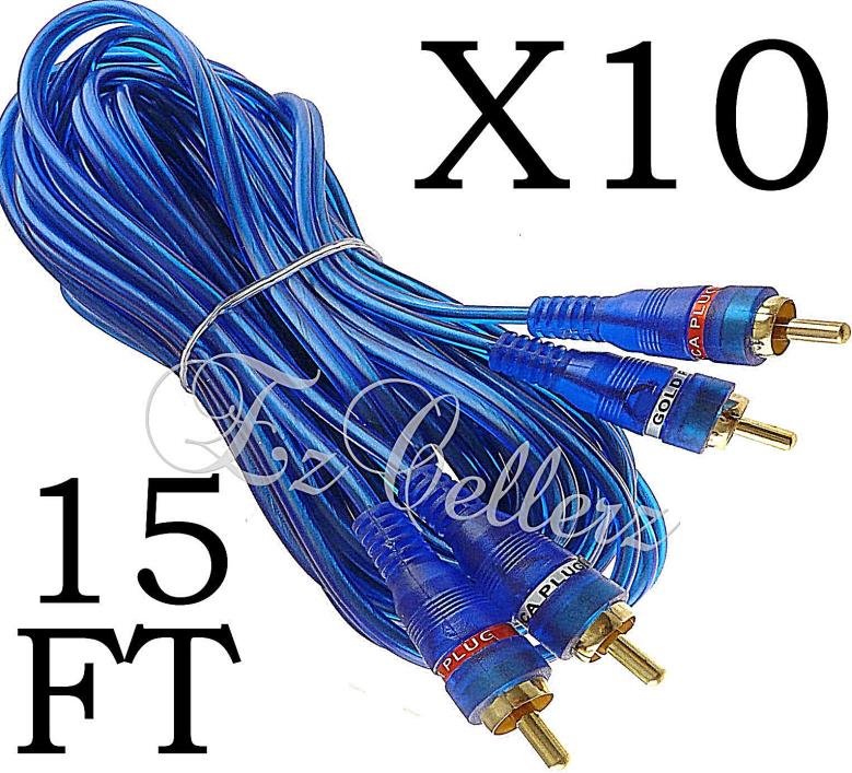 10 RCA CABLE BLUE 2 CHANNEL 15 FT FOOT GOLD PLATED FLEXIBLE For CAR STEREO HOME