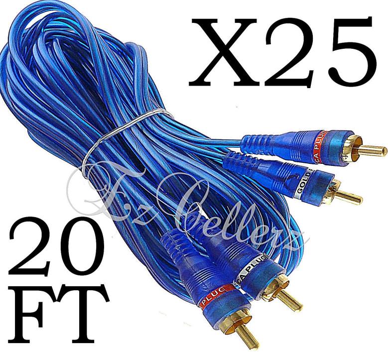 25 RCA CABLE BLUE 2 CHANNEL 20 FT FOOT GOLD PLATED FLEXIBLE For CAR STEREO HOME