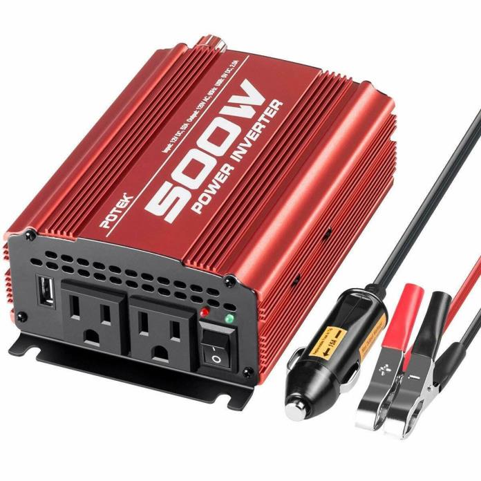 POTEK 500W Car Power Inverter DC 12V to AC 110V with 2 AC outlets and 2A USB