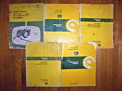 LOT OF 5 VINTAGE JOHN DEERE OPERATORS MANUALS, MOWERS, CULTIVATORS, PLOWS, HOES