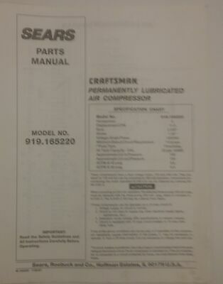 Sears Craftsman Permanently Lubricated Air Compressor Parts Manual Model No. 91