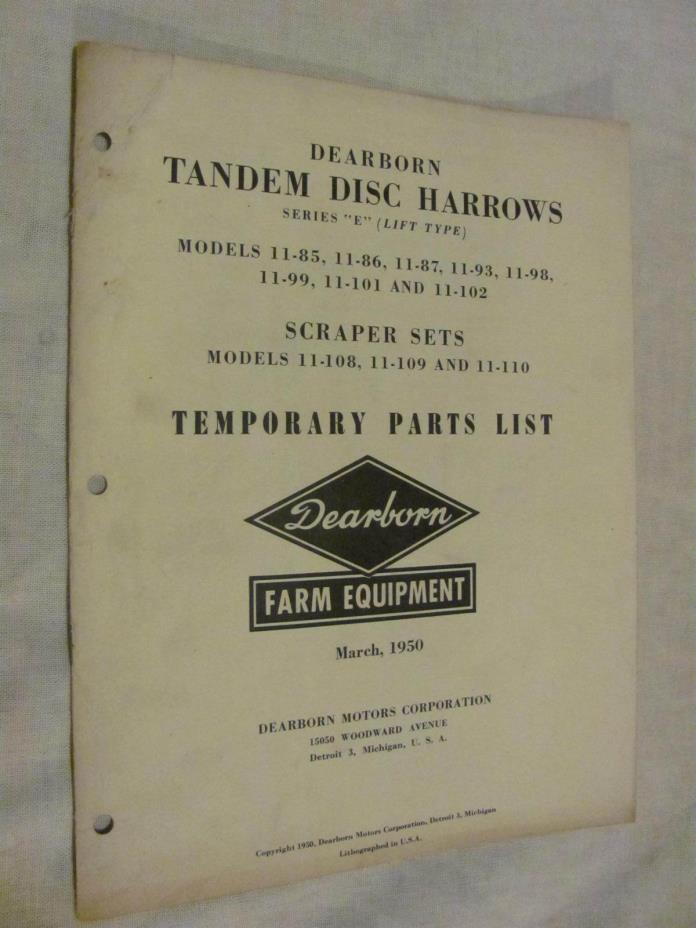 Ford Dearborn Tandem Disc Scraper 11-85 86 87 93 98 99 101 102 Parts List Book