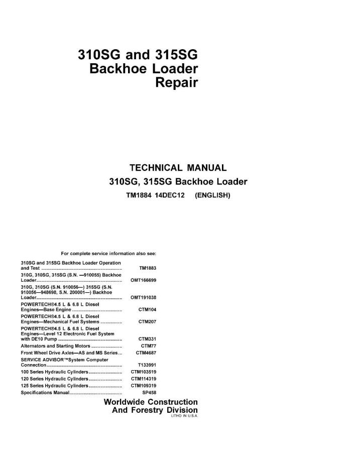 JD John Deere 310SG and 315SG Backhoe Loader SERVICE REPAIR MANUAL TM1884