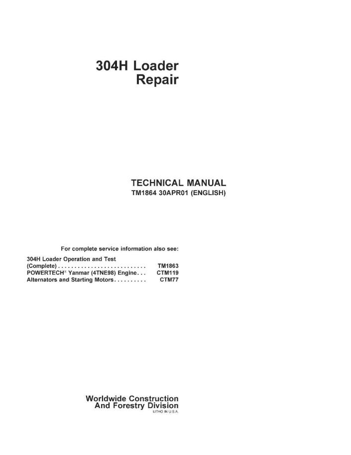 JD John Deere 304H Loader SERVICE REPAIR MANUAL TM1864  CD