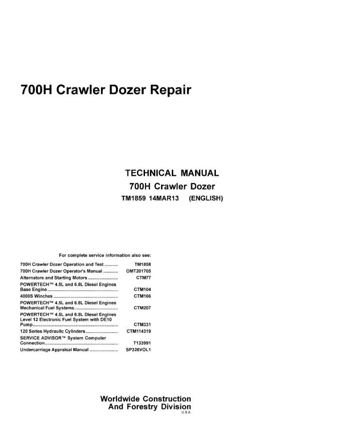 JD John Deere 700H Crawler Dozer SERVICE REPAIR MANUAL TM1859  CD