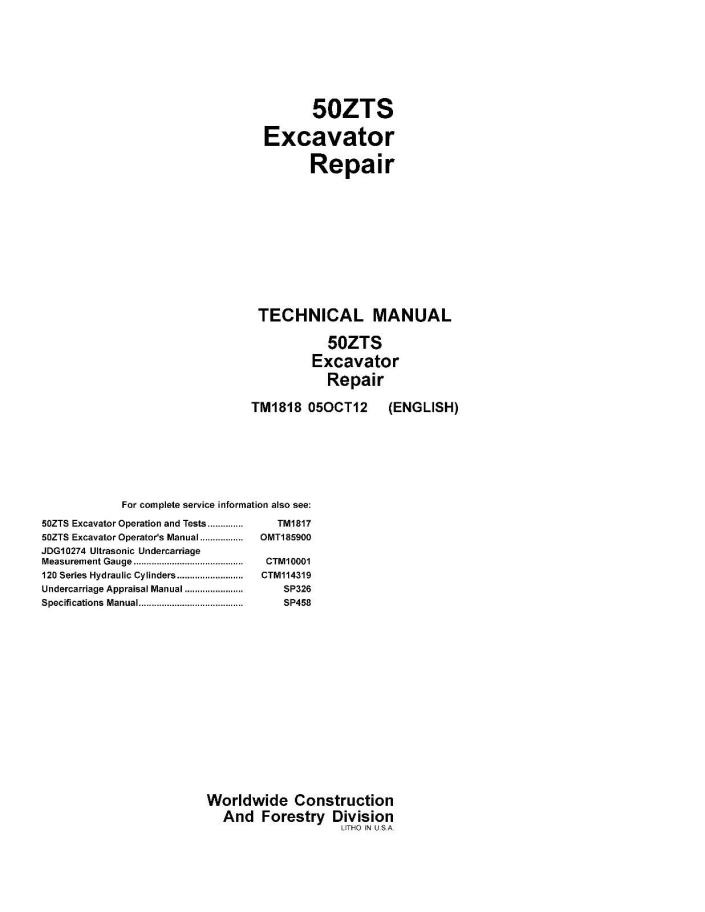 JD John Deere 50ZTS Excavator Repair SERVICE REPAIR MANUAL TM1810  CD