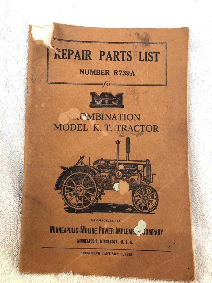 1935 Minneapolis Moline Model KT Tractor Repair Parts List