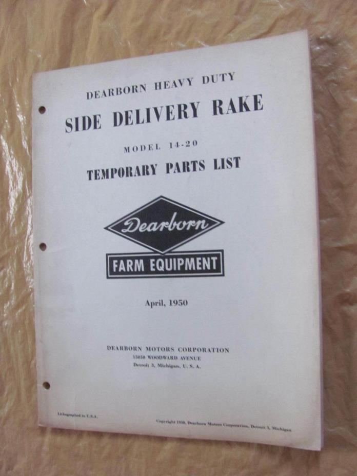 Ford Dearborn Side Delivery Rake Model 14-20 Parts List Manual