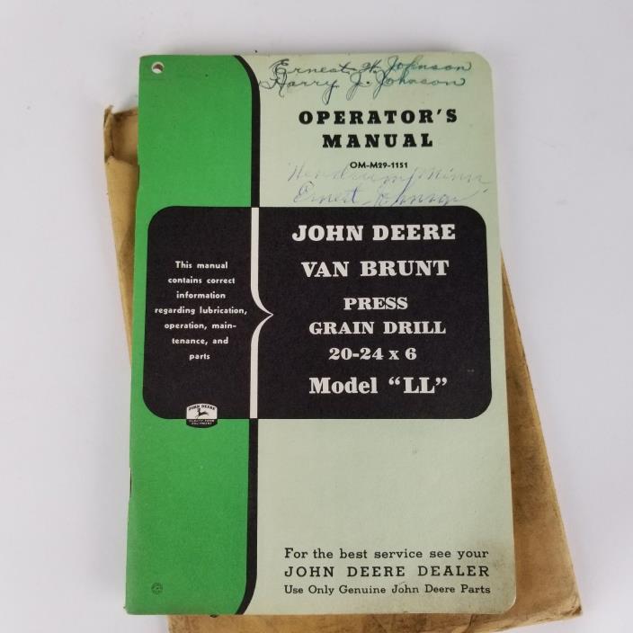 Vintage John Deere Operators Manual Model LL Van Brunt Press Grain Drill