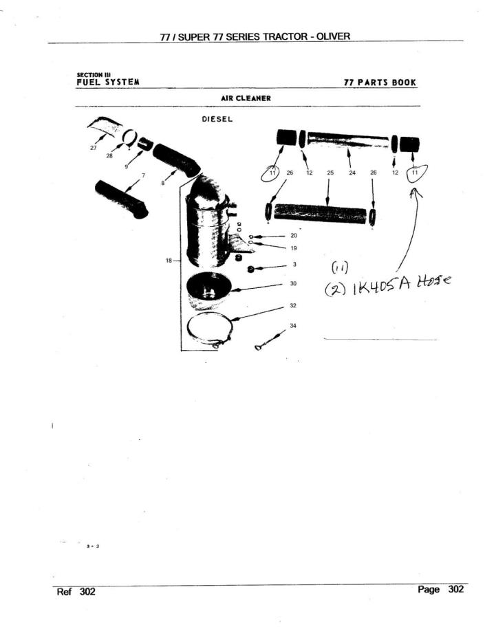 Oliver K405A Air intake hoses for 77 dsl tractor.
