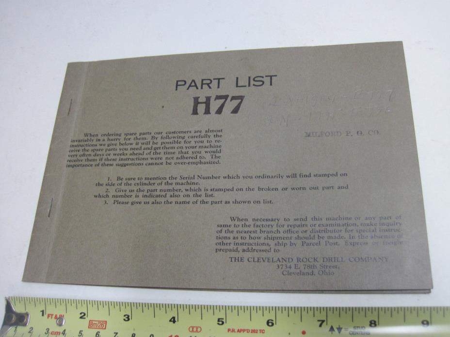 Cleveland Rock Drill H77 Hand Sinker Pnuematic Parts List Catalog Instructions