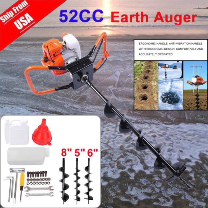 52cc Gas Powered Earth Auger Power Engine Post Hole Digger + Drill Bit Ground FY