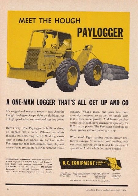 1964 Hough Paylogger Log Skidder Vintage Print Ad