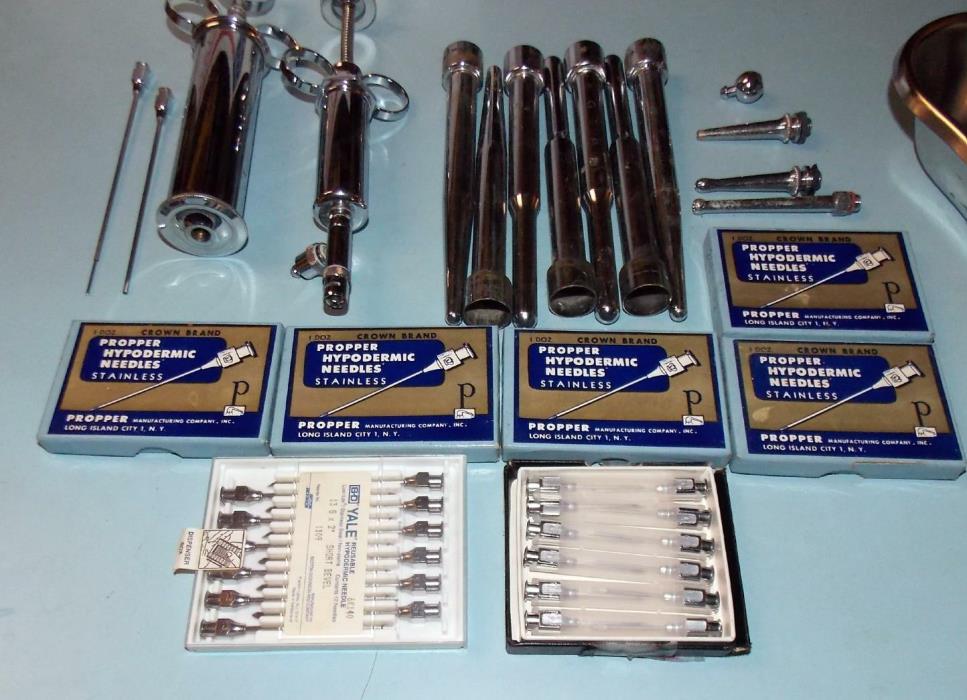 Lg Vintage LOT Stainless Hypodermic Syringes & 84 NOS Crown Needles