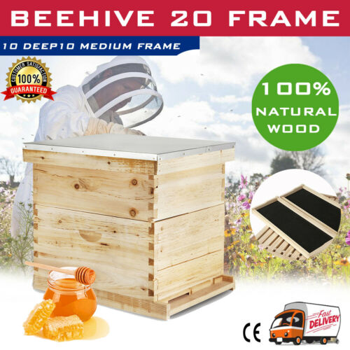 Honey Keeper Beehive 20 Frame Complete Box Kit 10 Deep and 10 Medium with Metal