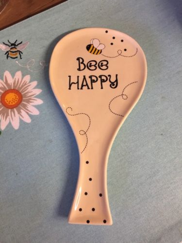 Bee Happy Honey bee Polka Dot Ceramic Spoon Rest GREAT GIFT