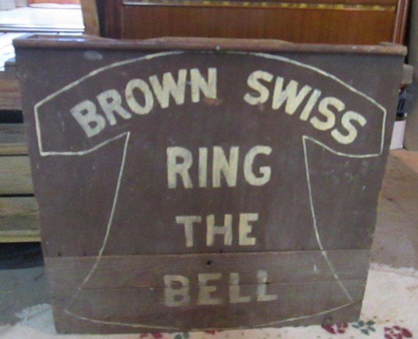 Antique Wooden Swiss Brown Cow Sign Box Vintage Dairy Cattle RING THE BELL