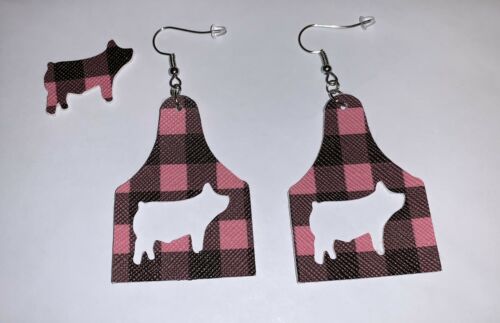 PIG HOG Tag Earrings Agriculture, Farm, FFA, 4-H, Ranch, Pink Black Faux Leather