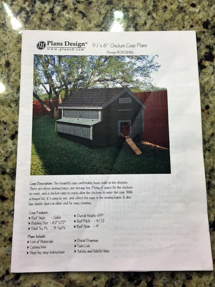 chicken coop plans hard copy 19 pages color not PDF 5'x6'