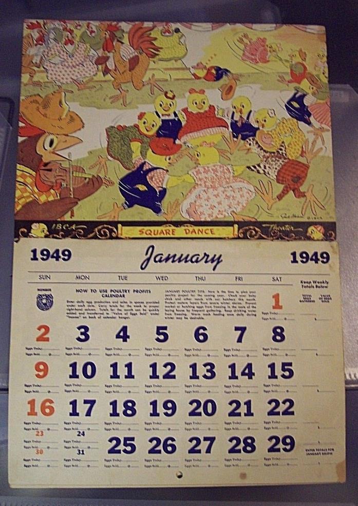 1949 Poultry Profits calendar IBCA Theatre Chicken Hen Rooster Art with Facts
