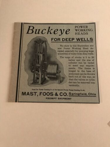 Foos Buckeye Pump Hit And Miss Stationary Gas Engine Ad Vintage Antque