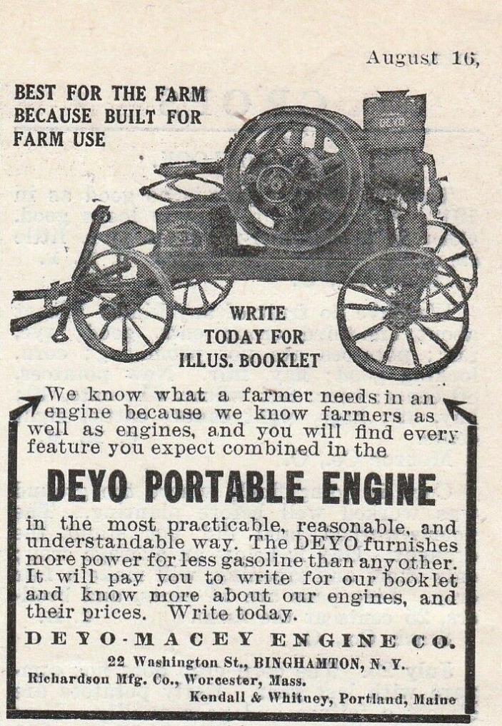 Old 1913 ad~DEYO-MACEY PORTABLE Hit & Miss Gas ENGINE~Farm Use~ Binghamton, N.Y.