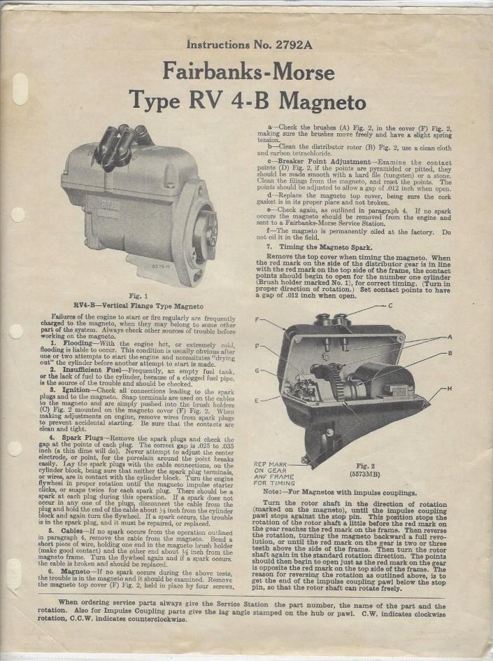Instructions  2792A  Type RV 4-B Magneto Fairbanks Morse Engine